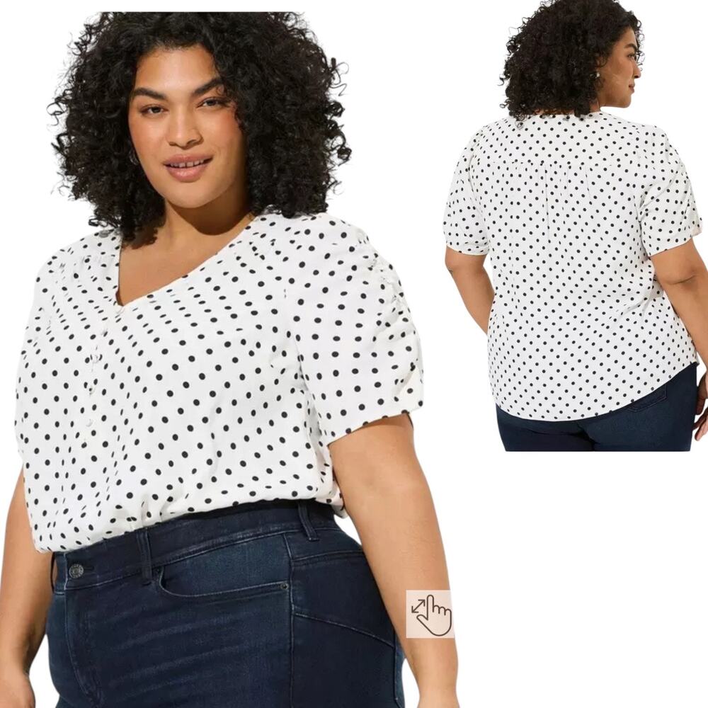 Torrid Sz 0 (L/12) Harper Georgette V-Neck Ruched Short Sleeve Polka Dot Blouse